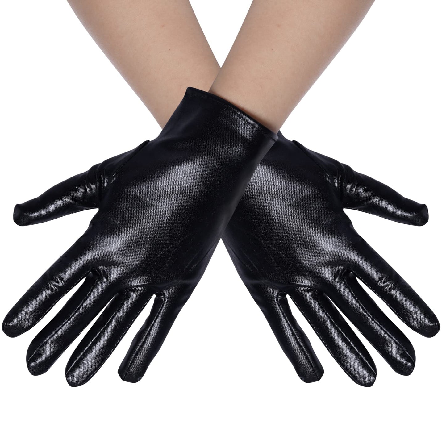 Rbenxia 1 Pair of Black Shiny Metallic Spandex Gloves Faux Leather Cropped Gloves for Halloween Cosplay Costume Party Favors
