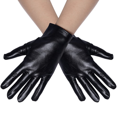 Rbenxia 1 Pair of Black Shiny Metallic Spandex Gloves Faux Leather Cropped Gloves for Halloween Cosplay Costume Party Favors