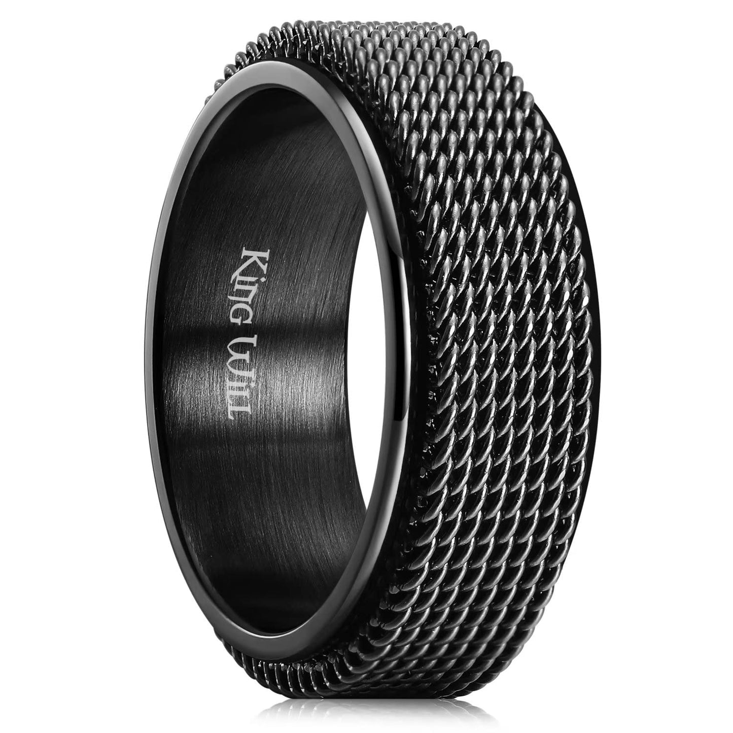 King Will Black 8mm Stainless Steel Chain Mesh Simple Plain Spinner Anxiety Ring for Women Men Wedding Band Ring Fidget Ring Mesh Chain Woven Mesh 13