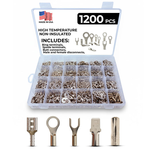 Sherco-Auto 1200 Piece - 900°F High Temperature Crimp Wire Connectors Electrical Assortment Kit - Non-Insulated Nickel Plated Steel Ring/Spade/Butt Terminal Connectors (Male & Female)- Made in USA