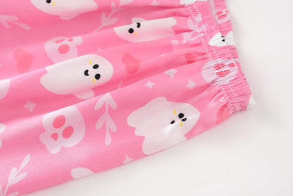 UNICABBIT21 Pink Ghosts Halloween Satin Pajamas for Big Girls Unisex Kids Silk Button Down Long Sleeve & Pants PJS 2PCS Size 10