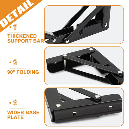 Storystore Folding Shelf Brackets - 10 Inch Heavy Duty Metal Collapsible Shelf Bracket for Bench Table, Shelf Hinge Wall Mounted Space Saving DIY Bracket, Max Load: 150 lb (2 PCS, Black)