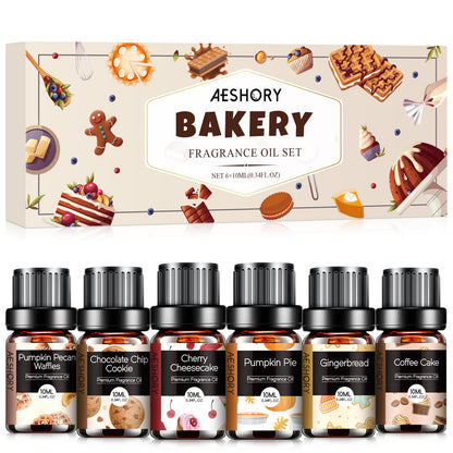 Bakery Essential Oils Set - Fragrance Oil for Diffusers for Home, Candle Making - Pumpkin Pie, Coffee Cake, Gingerbread, Cherry Cheesecake Aromatherapy Scented Oils (6x10ML)