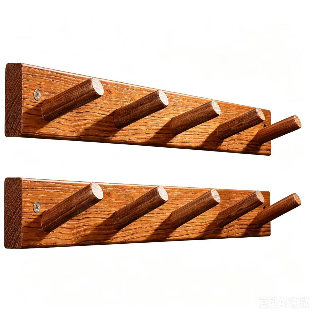 Cobnap Natural Teak Wall-Mounted Coat Rack (Set of 2, 16'' Hole to Hole) - Farmhouse Entryway Hooks with 5 Wooden Hooks Each, Rustic for Bathroom, Mudroom 2P
