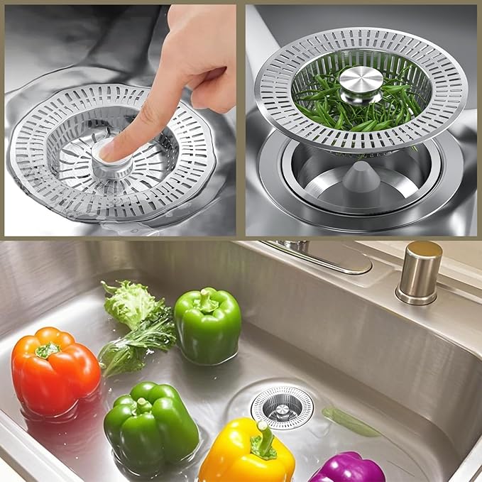 3 in 1 Kitchen Sink Drain Strainer, Universal Stainless Steel Kitchen Sink