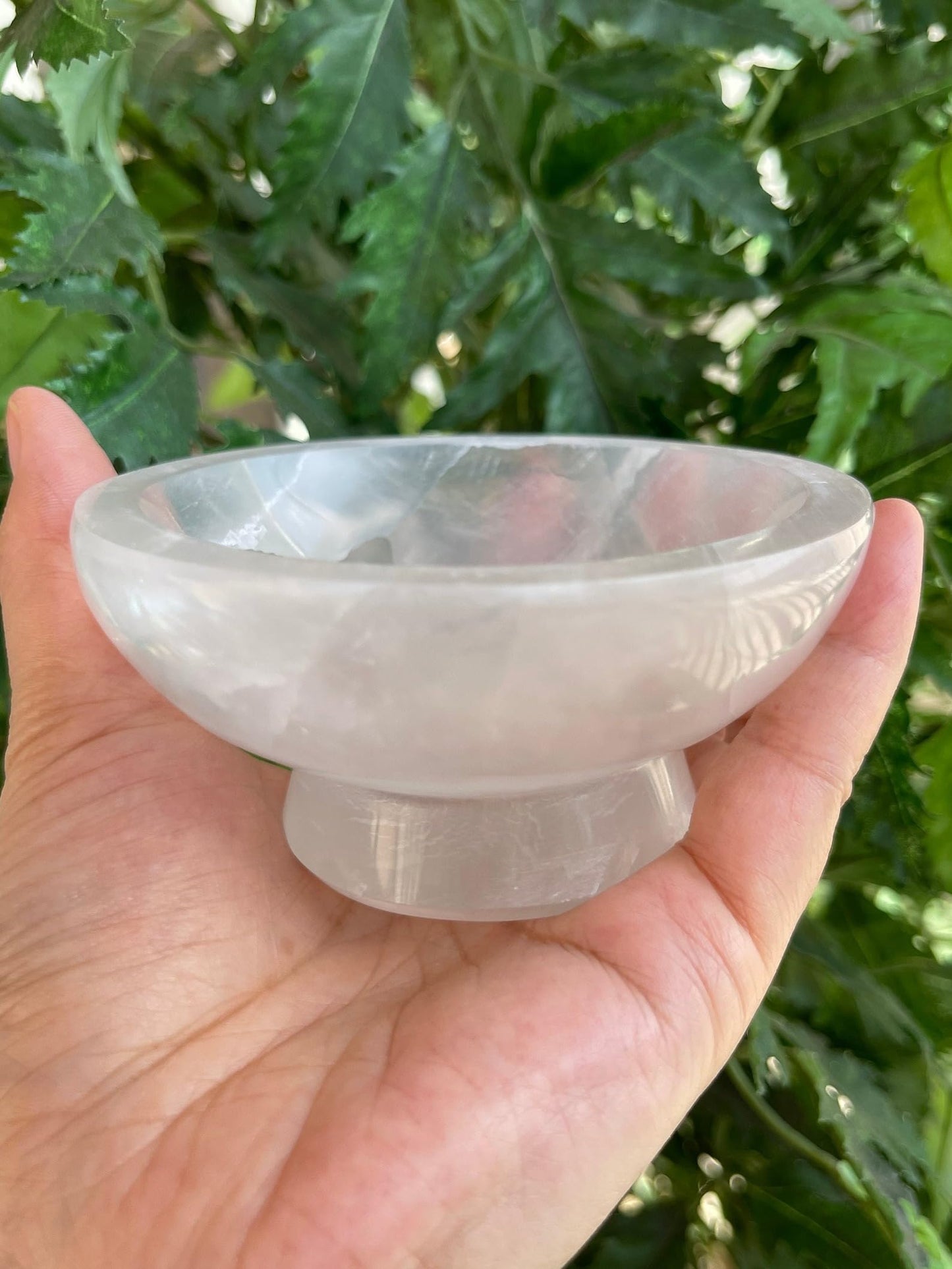 GAF TREASURES Gemstone Carved - 4" Diameter Selenite Crystal Polished Charging Bowl With Pedestal, Selenite Bowl On Stand