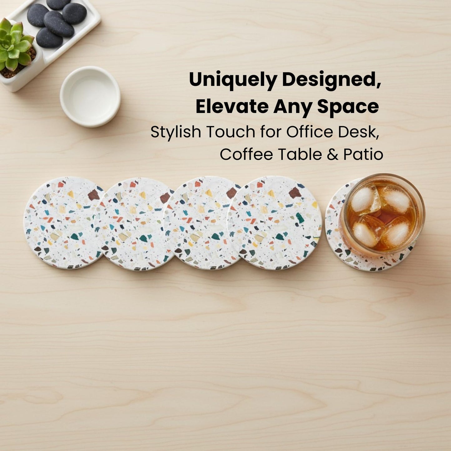 Absorbent Terrazzo Drink Coasters Set of 6 with Holder, Ceramic Drink Coasters for Coffee Table Decor, Water-Absorbing Stone Coasters (Mosaic)