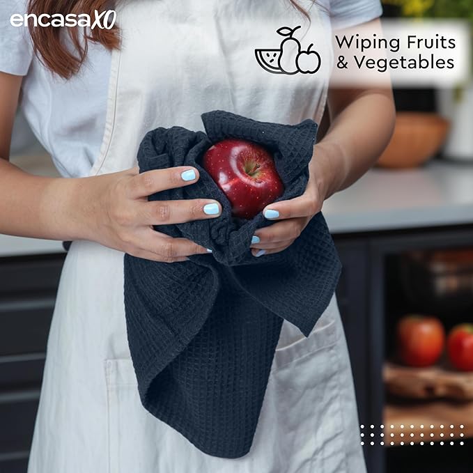 Encasa XO Kitchen Dish Towels Set | Navy Blue | Waffle Weave and Flat Hand Tea