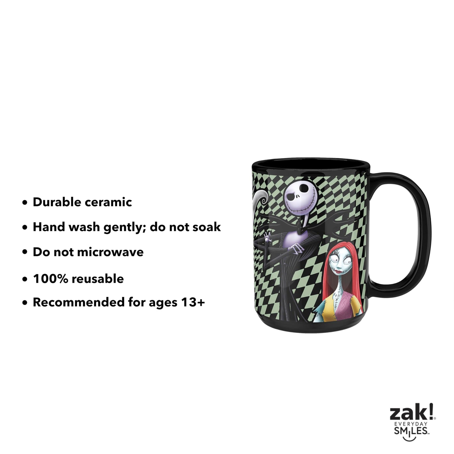 Zak Designs Disney Tim Burton The Nightmare Before Christmas Unique Color Change Ceramic Coffee Mug for Hot Drinks, Collectible Keepsake (15 oz, Jack Skellington)