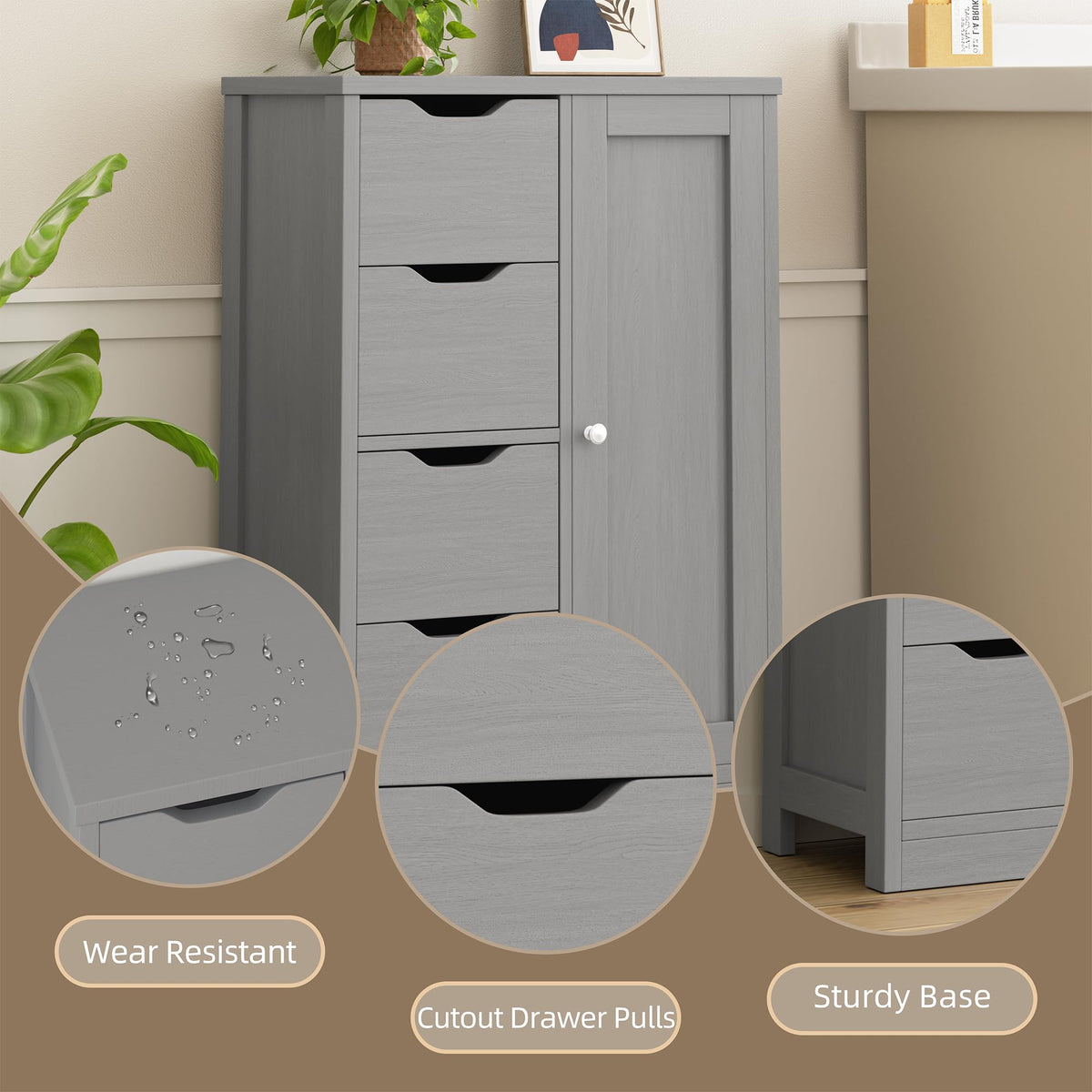 Walsunny Bathroom Floor Storage Cabinet, Wooden Storage Organizer with 4 Drawers and 1 Cupboard, Freestanding Entryway Storage Unit Console Table, Gray