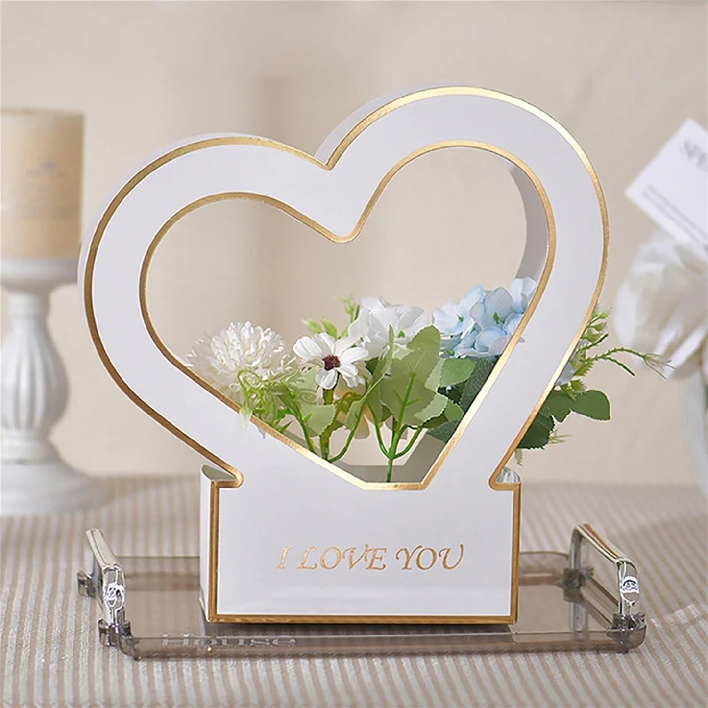 Nikeg Kraft Paper Flower Gift Bags 3Pcs Flowers Arrangement Kraft Paper Bag Folding Portable Flower Packaging Box Waterproof Basket Heart Handle Gift Tote Bags
