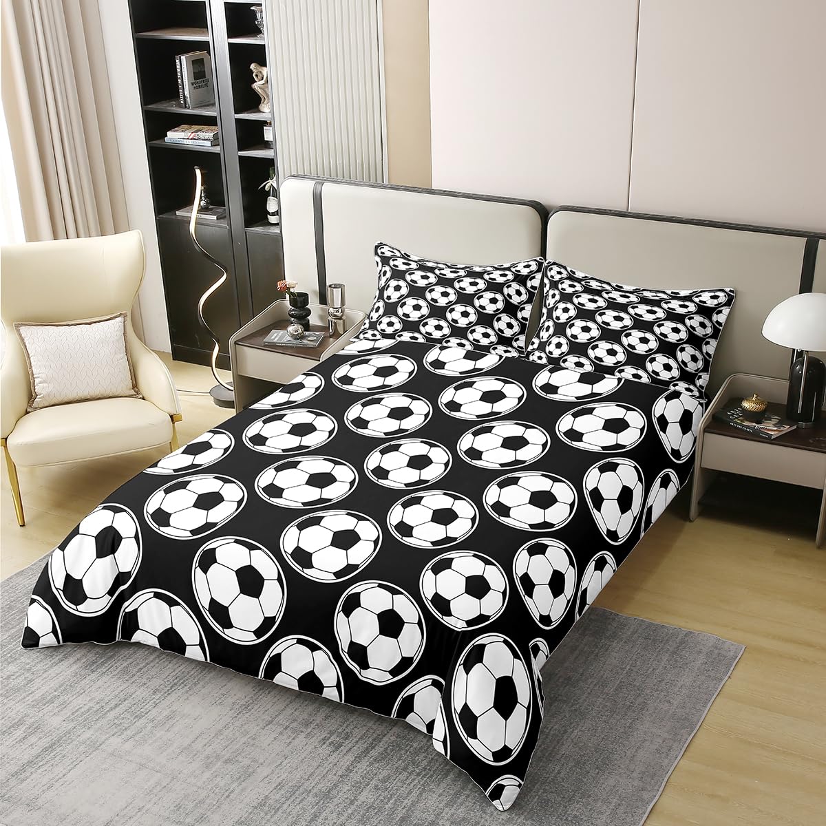 Erosebridal Football 100% Cotton Duvet Cover Twin Size Soccer Gamers Comforter Cover for Kids Boys Gaming Player Bedding Set Games World Cup Black White Ball Bedspread Cover with 1 Pillow Case