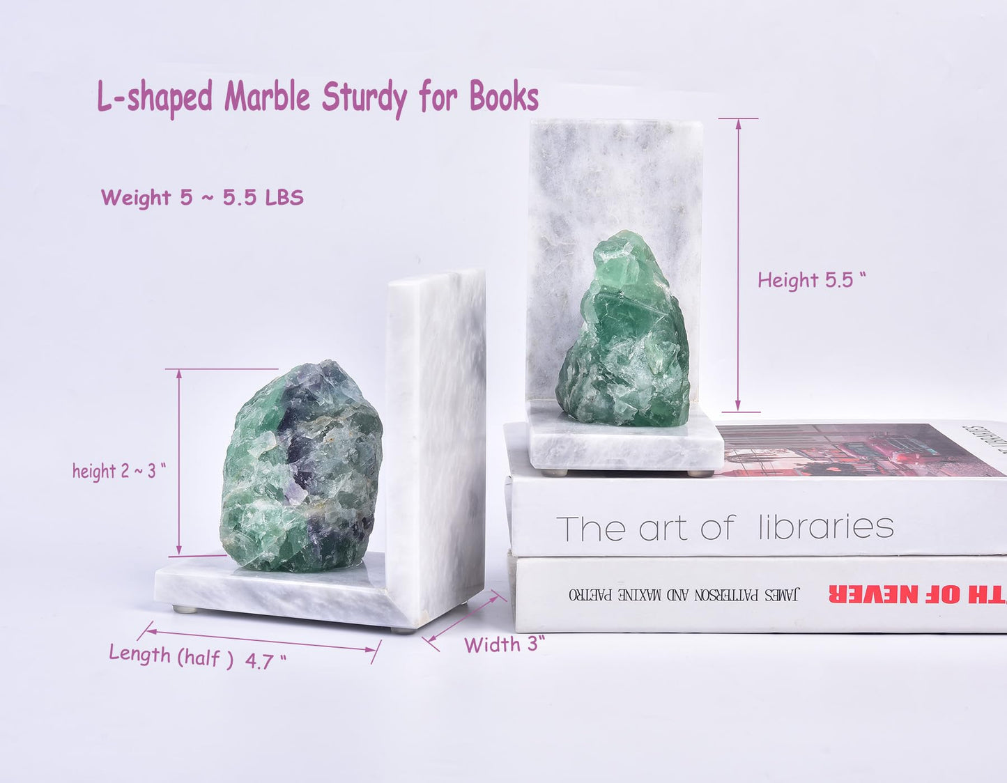 AMOYSTONE Marble & Fluorite Bookends - Heavy Duty L-Shape Book Stopper, Non-Slip, Decorative Crystal Bookends for Home Office Decor(1 Pair, 4-6 lbs)