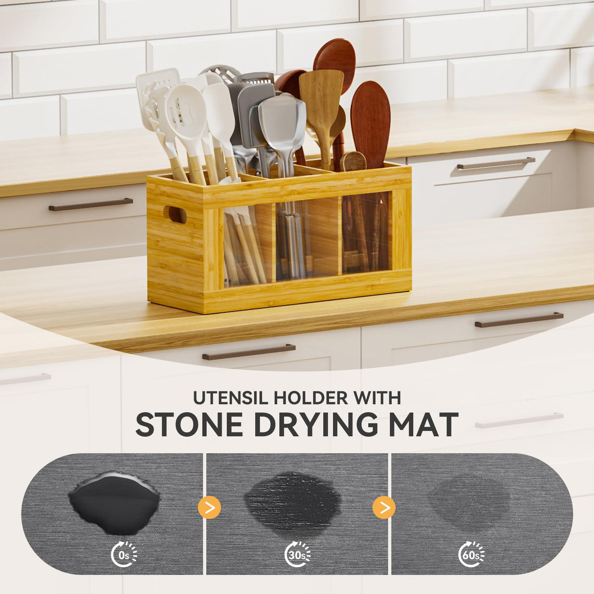 Yofidra Bamboo Utensil Holder & Silverware Organizer: Extra Large Cooking Holder with Absorbing Drying Stone and 6 Compartments Kitchen Countertop Storage Farmhouse Decor Accessories 11.8"X4.7"X5.9"