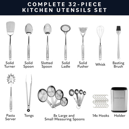 Home Hero 32-Piece Stainless Steel Kitchen Utensil Set - Heat-Resistant Nonstick Silicone Tools - Durable Stainless Steel Cooking Tools - Measuring Cups & Spoons with Holder - 32 Pc, Silver