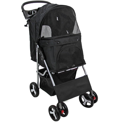 Foldable Pet Stroller with Weather Protection and Swivel Wheels 15 kg Carrying Capacity - Black