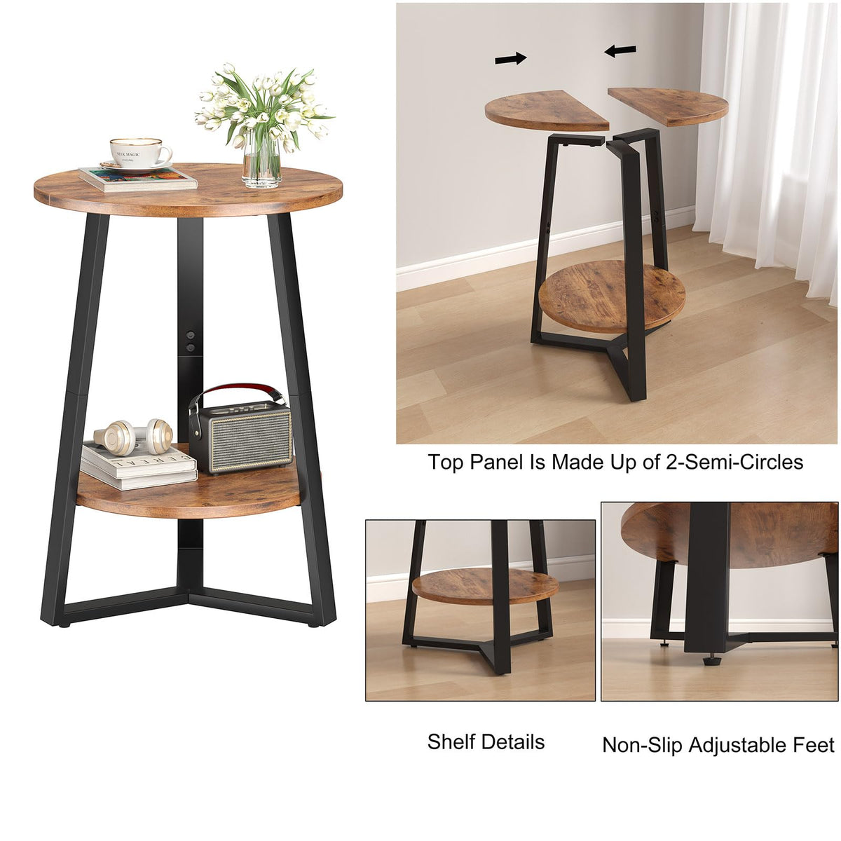 sthmec Small Round End Table Set of 2,2 Tier Side Table Set 2 with Storage Shlef,Coffee Table Wooden Tabletop & Metal Frame,Accent Table Small Nightstands Couch Tables Livingroom Bedroom,Rustic Brown