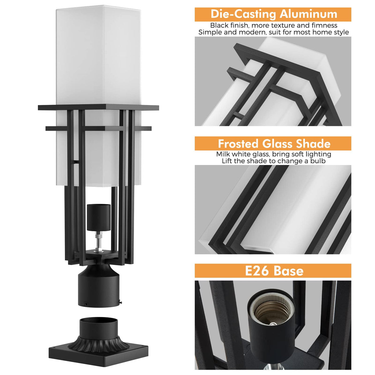 Yoenecea Outdoor Post Light Fixture - Aluminum Lamp Posts Outdoor Lighting, Outdoor Lightpost Lantern with 3-Inch Pier Mount Base Outside Pole Lighting for Porch Garnden (17.3''H, 1 pc)