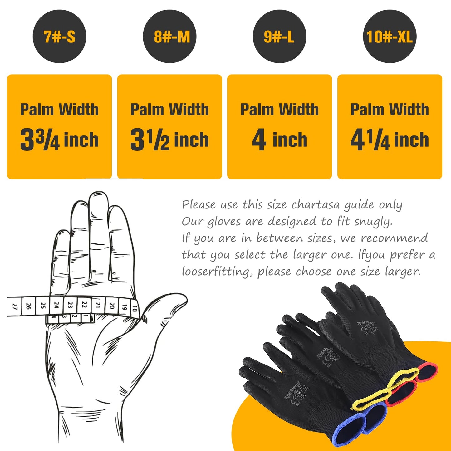 Rainberg Pack of 12 or 24 Safety Gloves, Work Gloves, with Secure Grip on Palm & Fingers, PU and Nylon Non-Slip Gloves, Ideal for General Duty Work, Gardening. (Pack of 24 Pair's, Large)