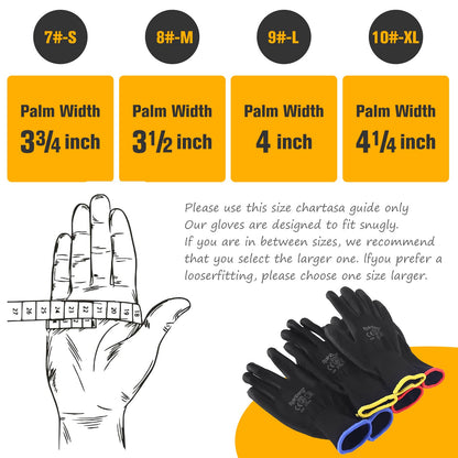 Rainberg Pack of 12 or 24 Safety Gloves, Work Gloves, with Secure Grip on Palm & Fingers, PU and Nylon Non-Slip Gloves, Ideal for General Duty Work, Gardening. (Pack of 24 Pair's, Large)