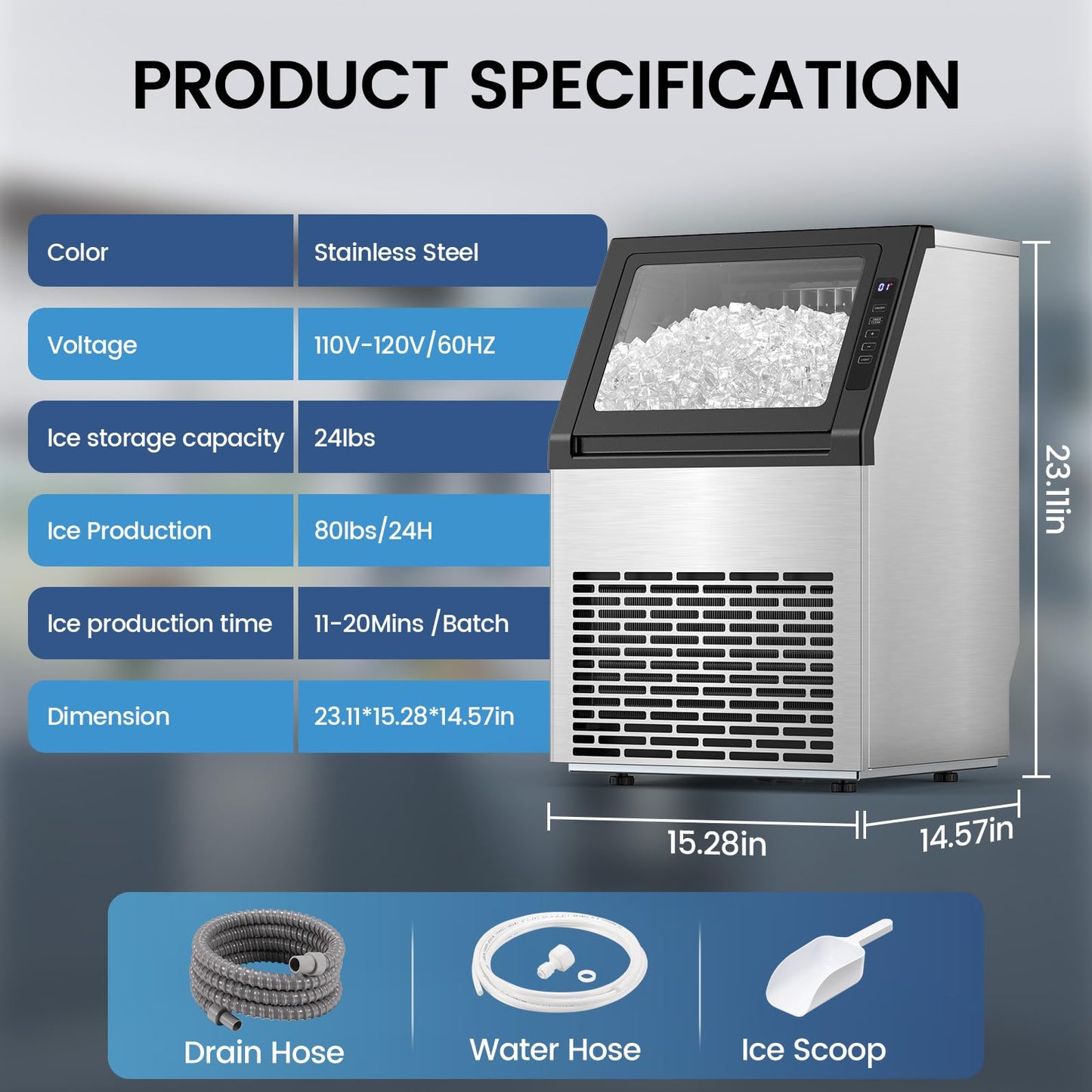 Electactic Commercial Ice Maker Machine, 80Lbs/24H Under Counter ice Machine with 24 Hours Timer & LCD Panel, 28lbs Storage, Self-Cleaning Freestanding Ice Maker for Home, Bar, Restaurant, Office