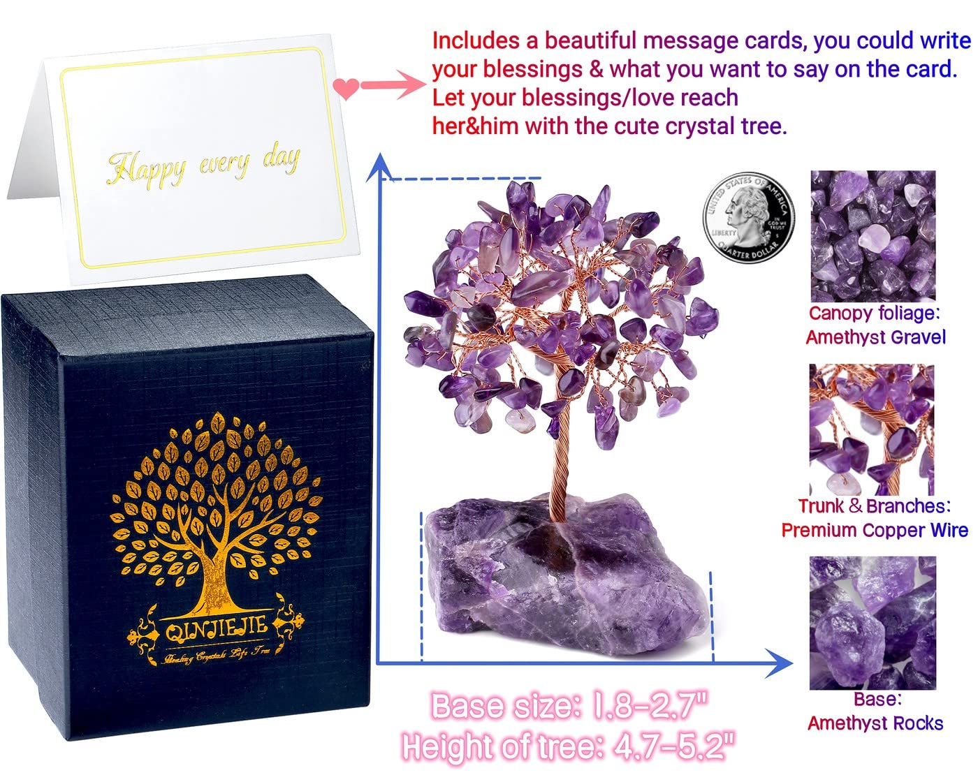 QINJIEJIE Bundle of Amethyst Crystal Tree and Owl Decor Stone Figurines Natural Reiki Gemstone Tree Life Stone Base Copper Wire Office Desk Room Feng Shui Home Decor Gifts