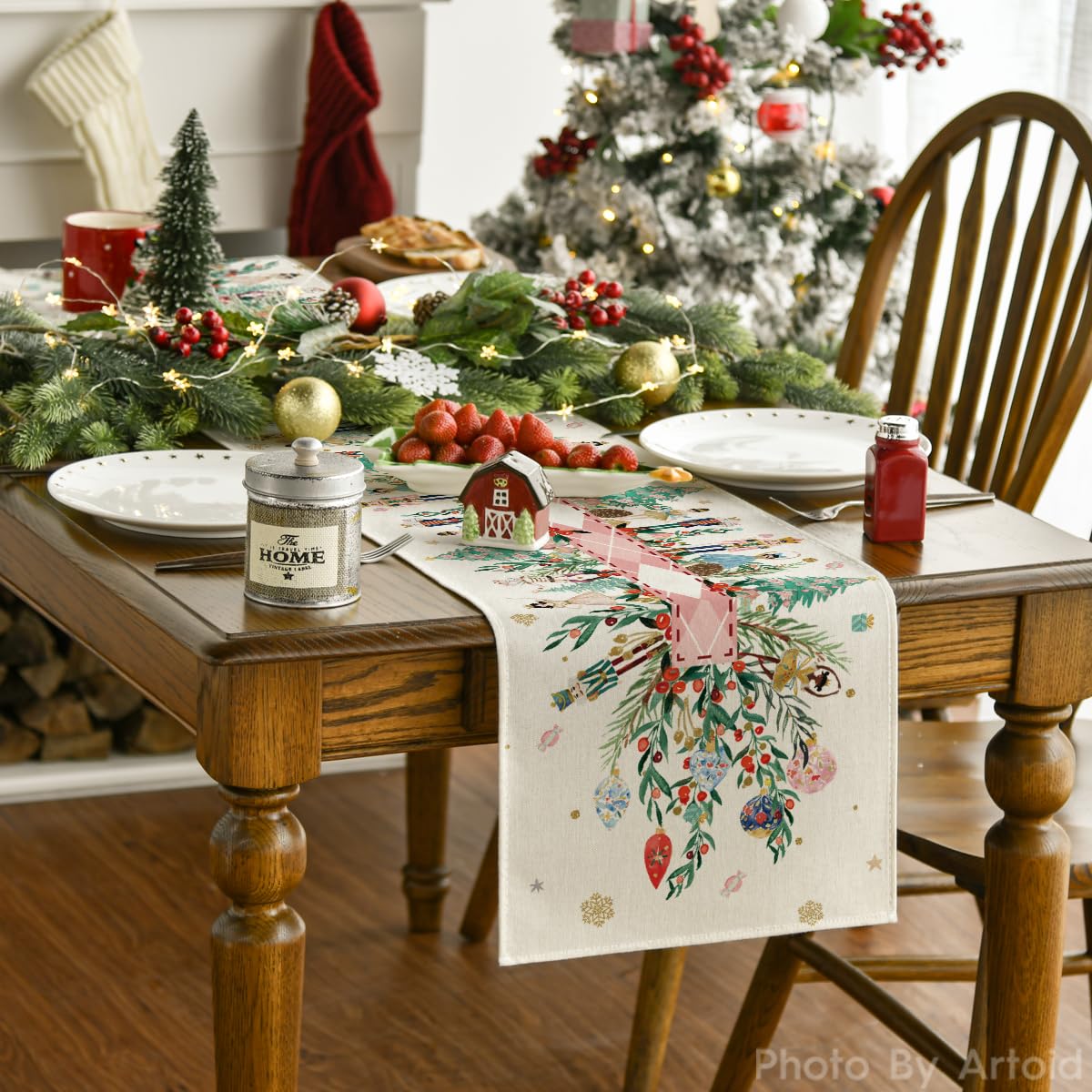 Artoid Mode Nutcracker Floral Holly Christmas Table Runner, Seasonal Winter Kitchen Dining Table Decoration for Home Party Decor 13x72 Inch