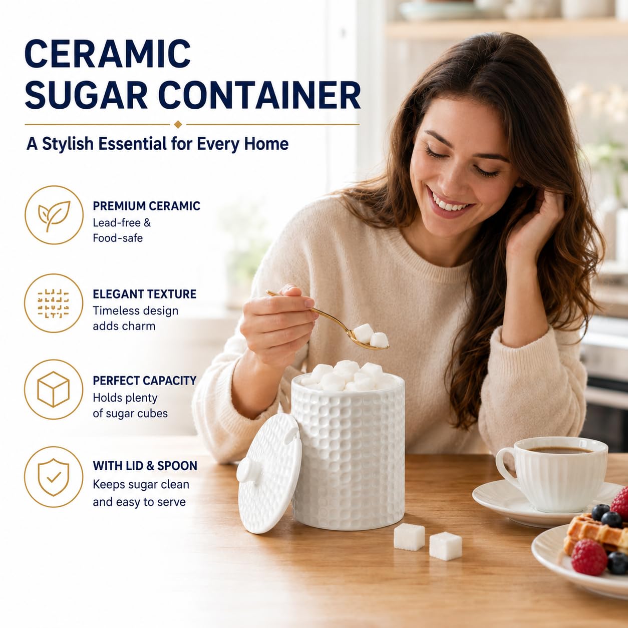 Seworlan Ceramic Sugar Bowl with Lid and Gold Spoon, 16 oz Large Sugar Container for Coffee Bar, Modern Farmhouse Decorative Sugar Holder for Salt, Spice & Seasonings, Dishwasher Safe, White