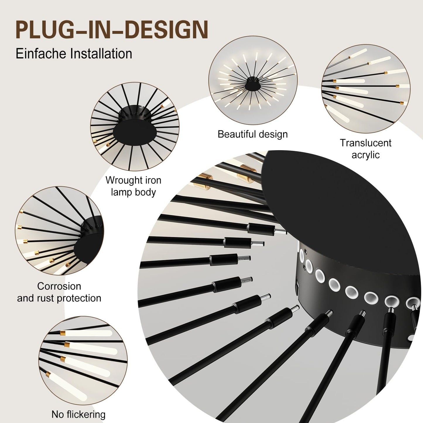 RRDEFSD Modern Ceiling Light Flower Shape, Metal Firework Ceiling Lamp with Plug-in LED Source, Lighting Fixture for Living Room Dining Room Bedroom, Natural Light