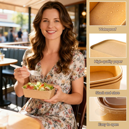 50 Pack 29Oz Disposable Meal Prep Containers With Lids and Forks-Disposable Kraft Paper Bowls-to go food containers-Microwavable and Freezer Safe Take Out Containers for Hot/Cold Food Prep and Salad
