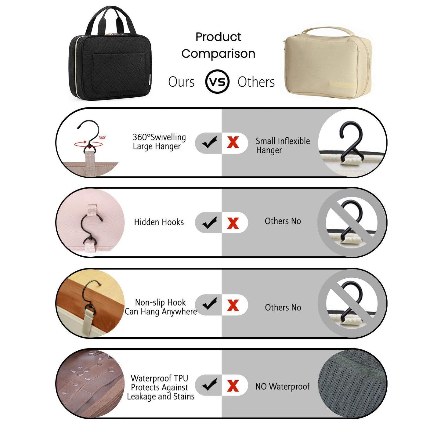 BAGSMART Hanging Toiletry Bag Travel Large Capacity Wash Bag Womens Makeup Cosmetic Bag, Travel Accessories for Full Sized Container (Medium-Black)