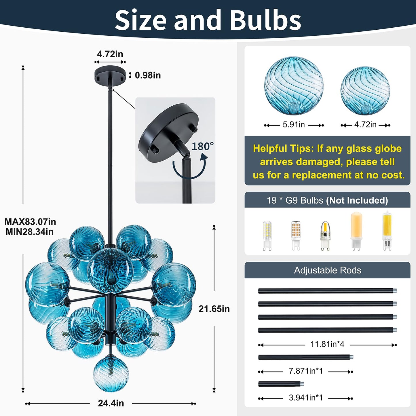 19-Light Blue Glass Bubble Chandelier Light Fixture, 24" Large Foyer Lighting Fixtures, Adjustable Black Mid Century Modern Sputnik Chandeliers for Dining Room Chandelier over Table, G9 Bulb Base