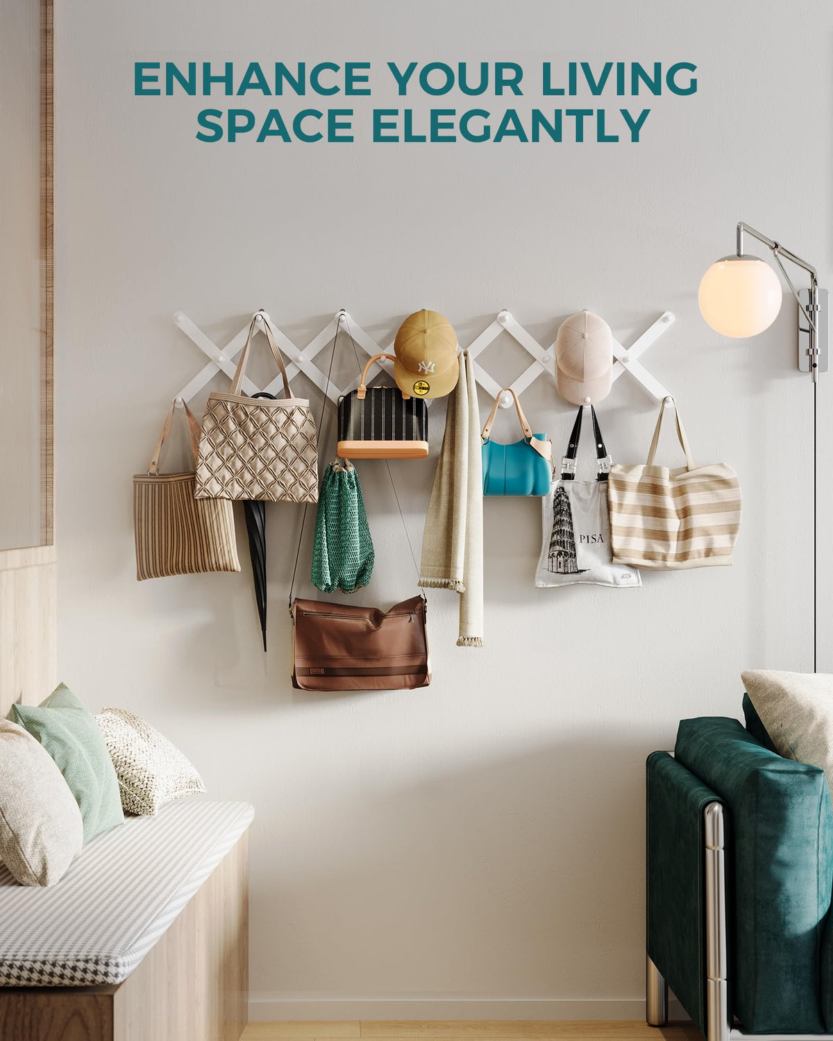 OROPY Accordion Wall Hanger with 20 Pegs, Expandable Wooden Coat & Hat Rack