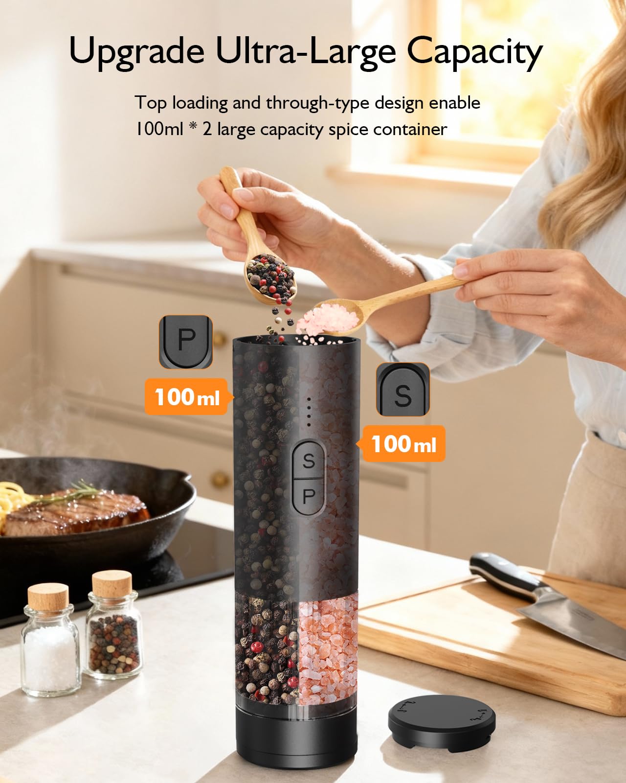 Electric Salt and Pepper Grinder Set, 2 in 1 Dual Bins USB Rechargeable Refillable Automatic Salt and Pepper Mill Shaker with LED Light, Dual Ceramic Grinder Adjustable Coarseness, kitchen gift, Black