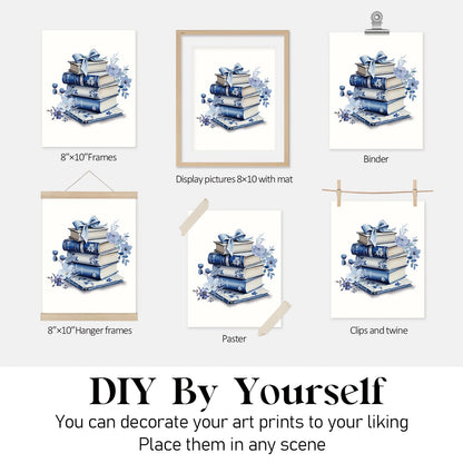 Locomiss Blue and White Floral Bow Book Chinoiserie Wall Art Decor Posters, Blue Bow Book Flower Bookish Girly Wall Art Decor For Bedroom Dorm Living Room Classroom Library, Set of 4 (8x10 Unframed)