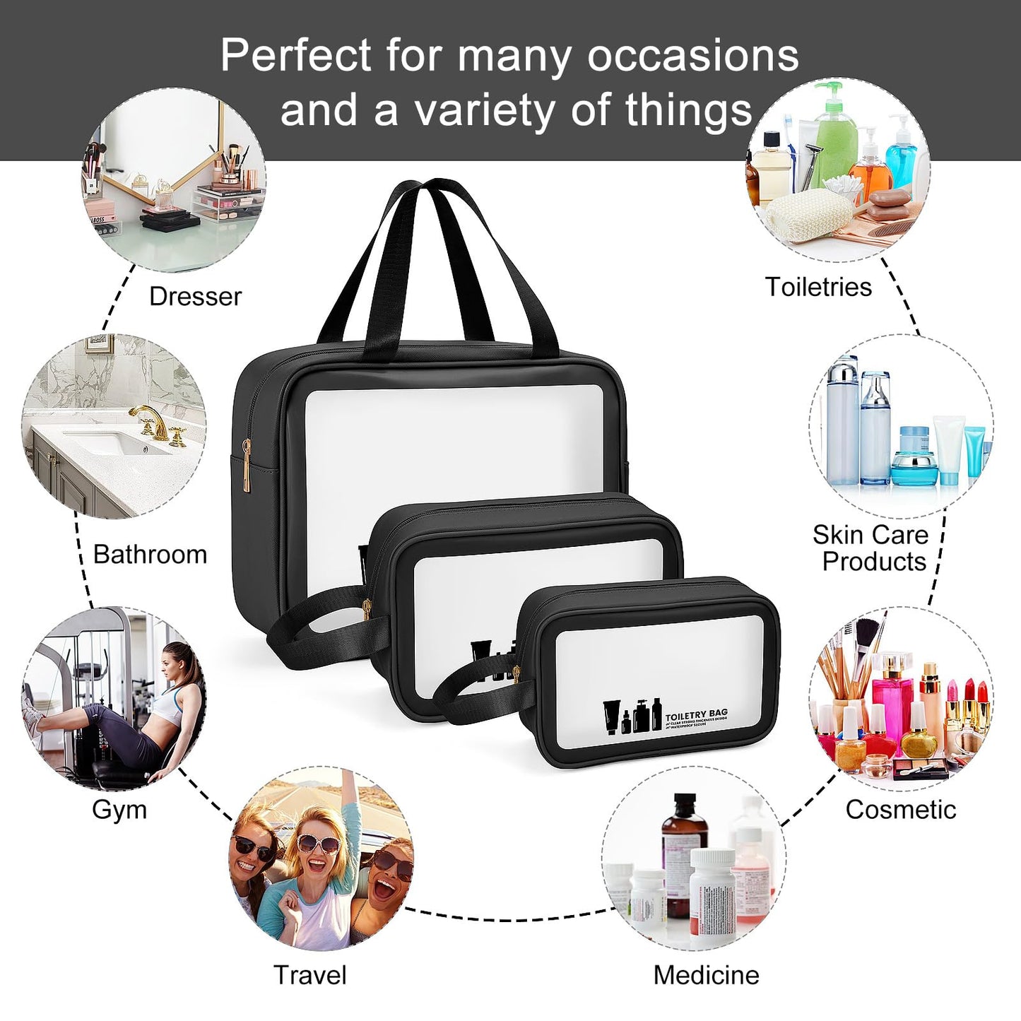 Toiletry Bag MAANGE 3 PCS Clear Travel Toiletries Bag Wash Bag Translucent PVC Waterproof Makeup Bag with Zipper Toiletry Bags for Women Men(Black)