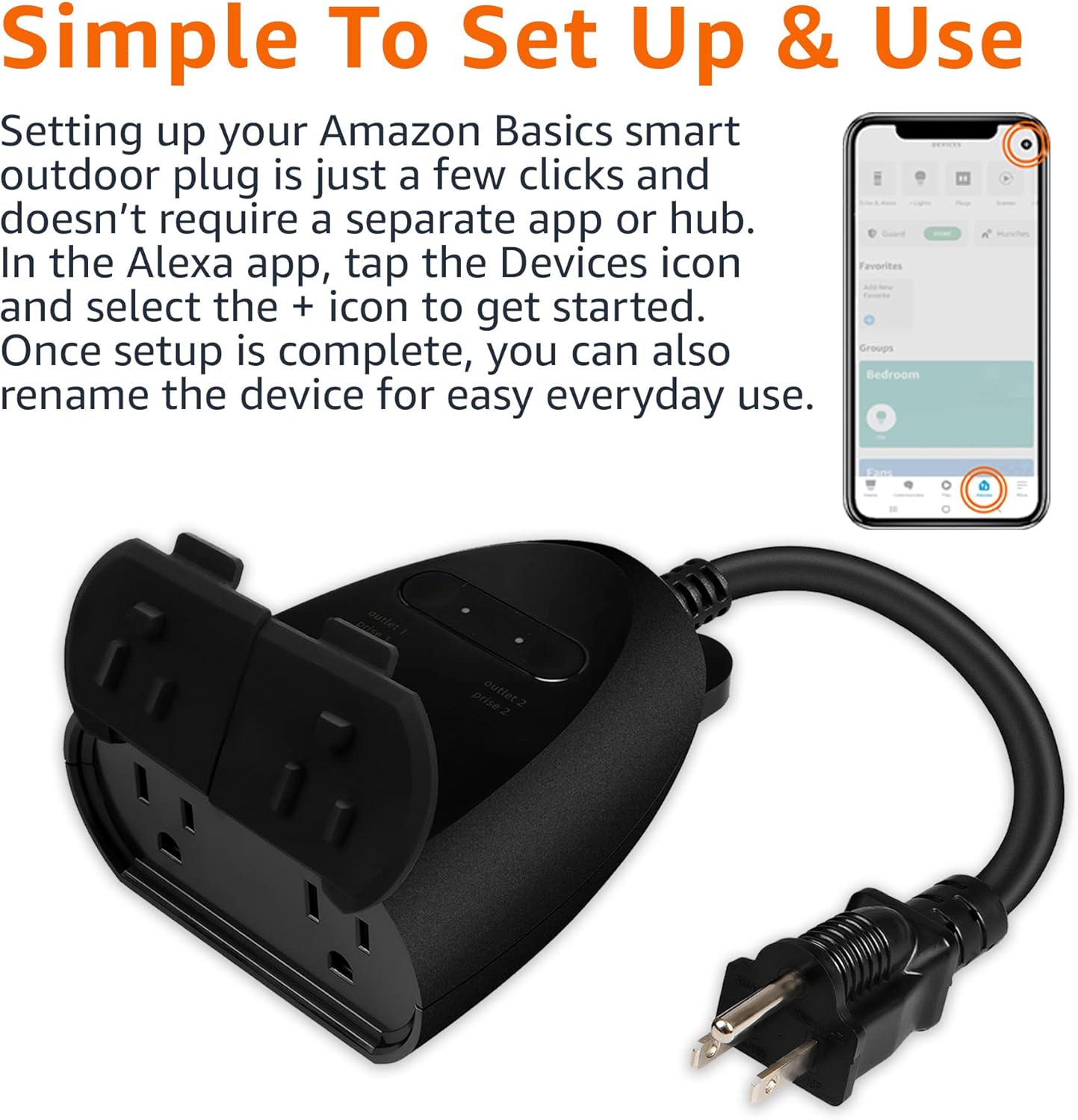 Amazon Basics Outdoor Smart Plug with 2 Individually Controlled Outlets, Works with Alexa Only, 2.4 GHz Wi-Fi, No Hub Required, Black