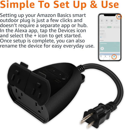 Amazon Basics Outdoor Smart Plug with 2 Individually Controlled Outlets, Works with Alexa Only, 2.4 GHz Wi-Fi, No Hub Required, Black