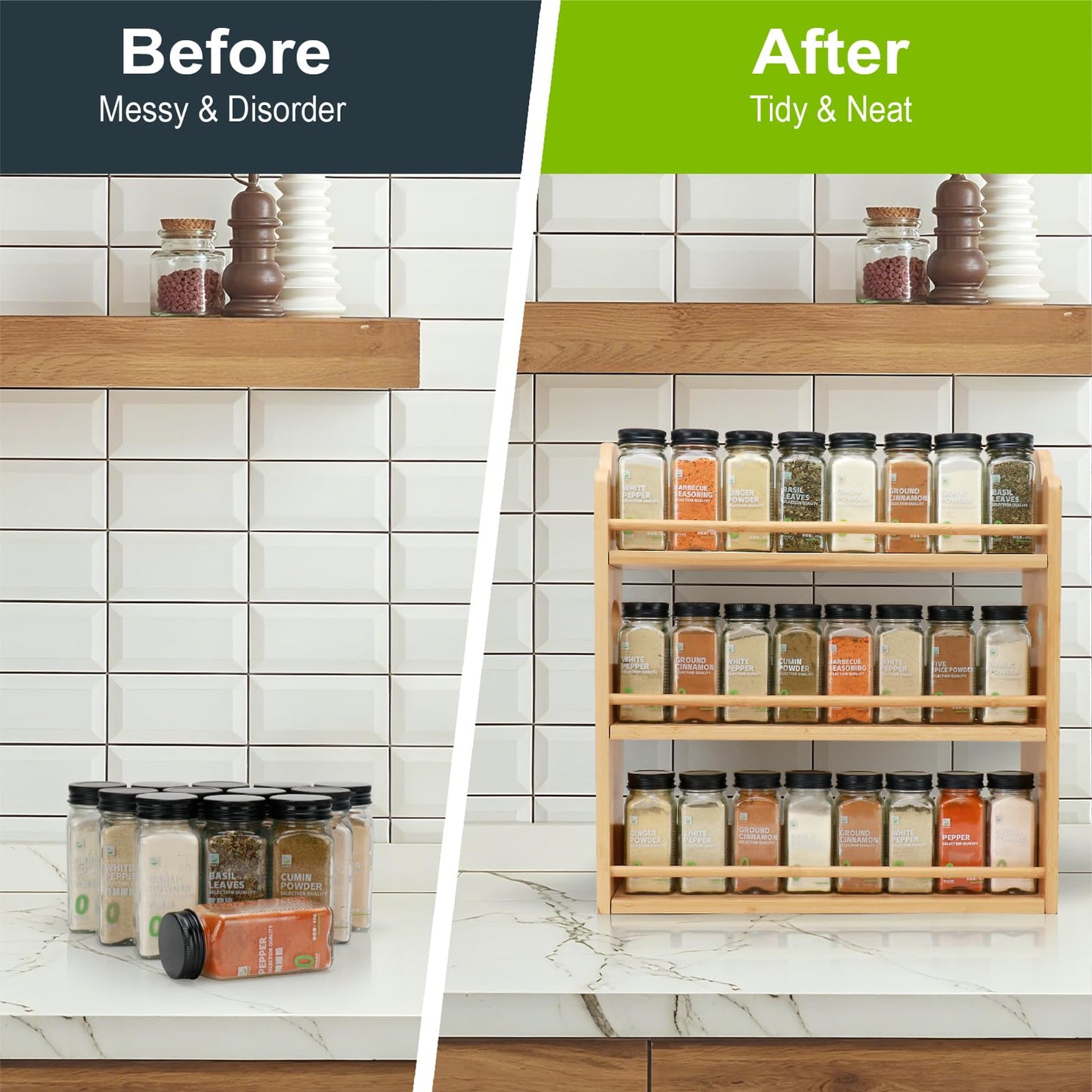 Thalomely 3 Tier Bamboo Spice Rack, Spice Rack Organizer, Seasoning Jars Rack Shelf Spice Organizer for Kitchen Counter or Wall Mounting, Spice Storage Holder with handles, Jars Not Included,Natural