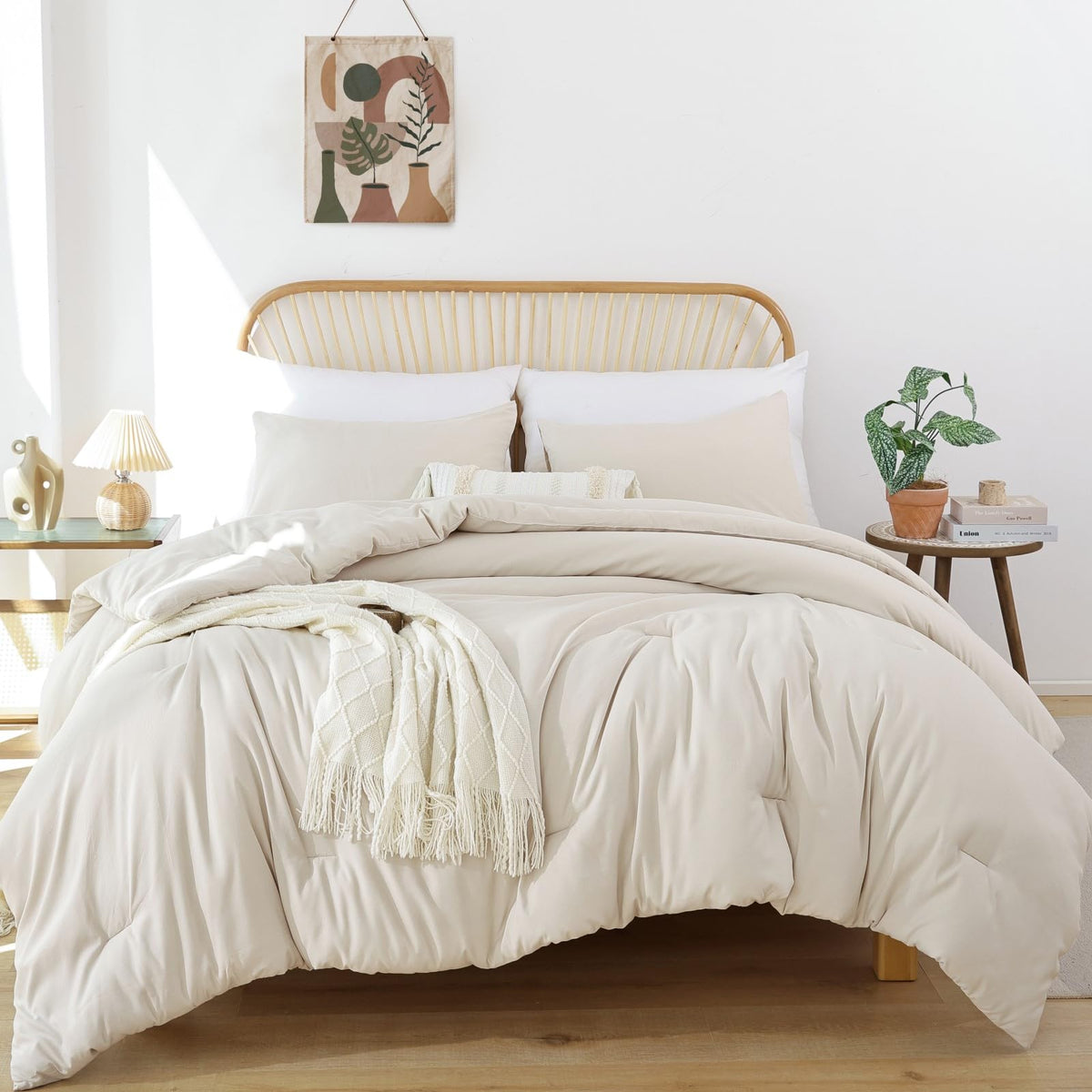 ROSGONIA Comforter Full Size for Girls Boys Teens Beige, 3pcs (1 Boho Comforter & 2 Pillowcases), Lightweight Dorm Bedding Soft All Season Bed Set