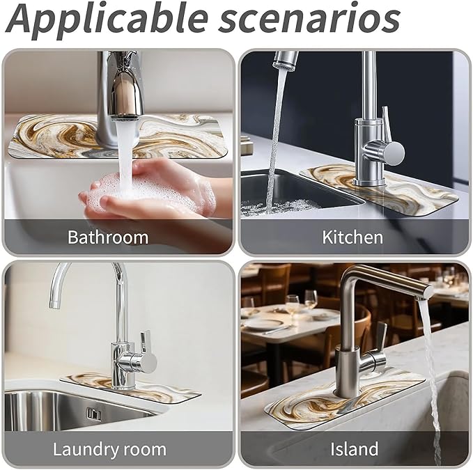 Kitchen Sink Splash Guard，White-grey gold marble Faucet Mat Sink Gadgets-Super
