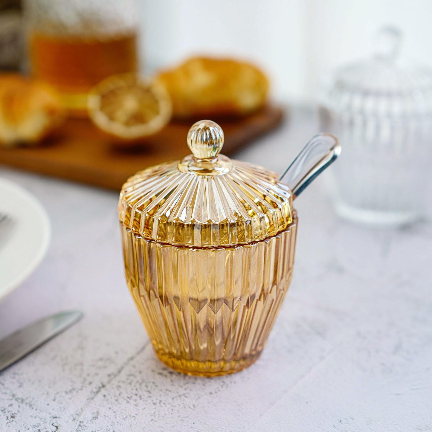 kanpura Glass Sugar Bowl with Lid and Serving Spoon Salt Pot Pepper Storage Jar Seasoning Pot Dispenser Container Sugar Box Condiment Spice Racks Holder for Home Kitchen(Amber)