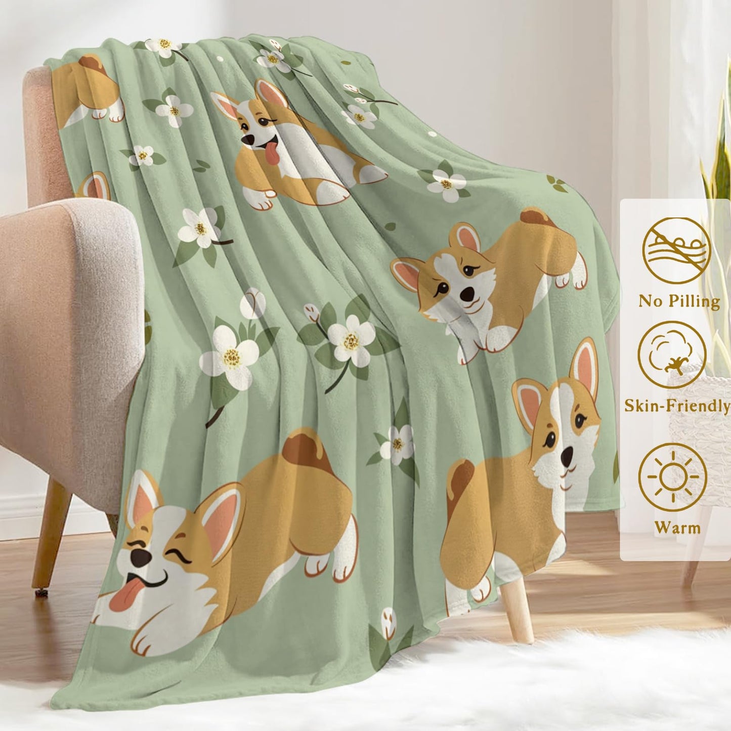 ainori Happy Corgi Throw Blanket 50x60 in, Cute Dog Flower Garden Pattern Blankets for Couch Bedroom Living Room Indoor Decor, Lightweight Soft Cozy Bedding Birthday Gift for Kids Boys Adults