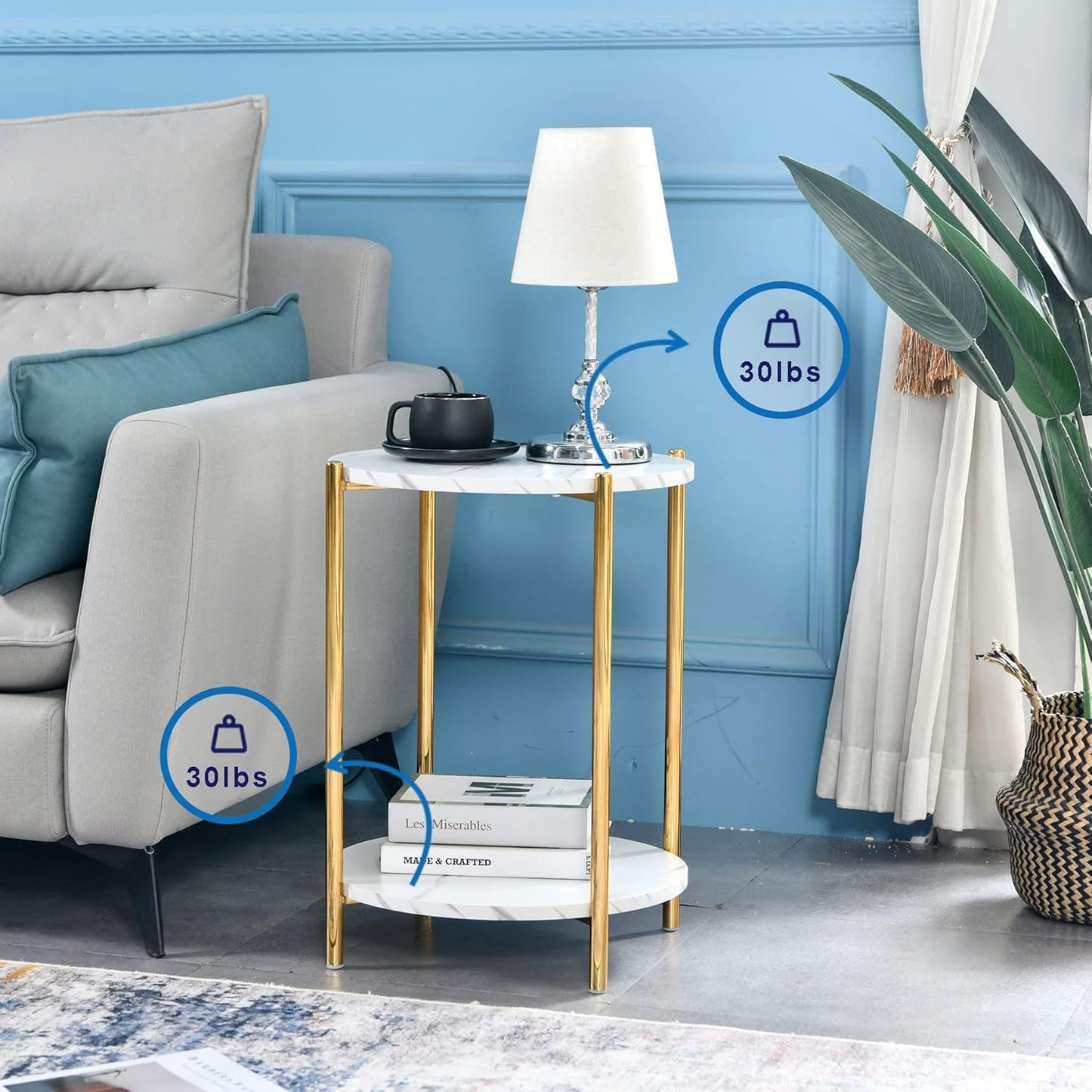 Gold End Table, Faux Marble Side Table, 2-Tier Small Round Nightstand for Bedroom - Modern Accent Table for Living Room Couch, Metal Frame (1 Pack)
