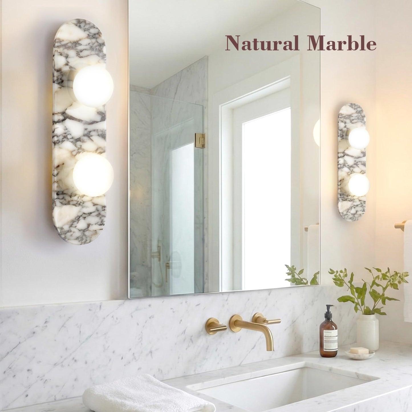 SAMAH Natural Marble Wall Sconce, Alabaster Hardwired Wall Light, Elegant Nordic-Style Wall Mount Fixture for Bedroom, Bathroom Vanity, Living Room, Hallway, Staircase, Perfect Housewarming Gifts