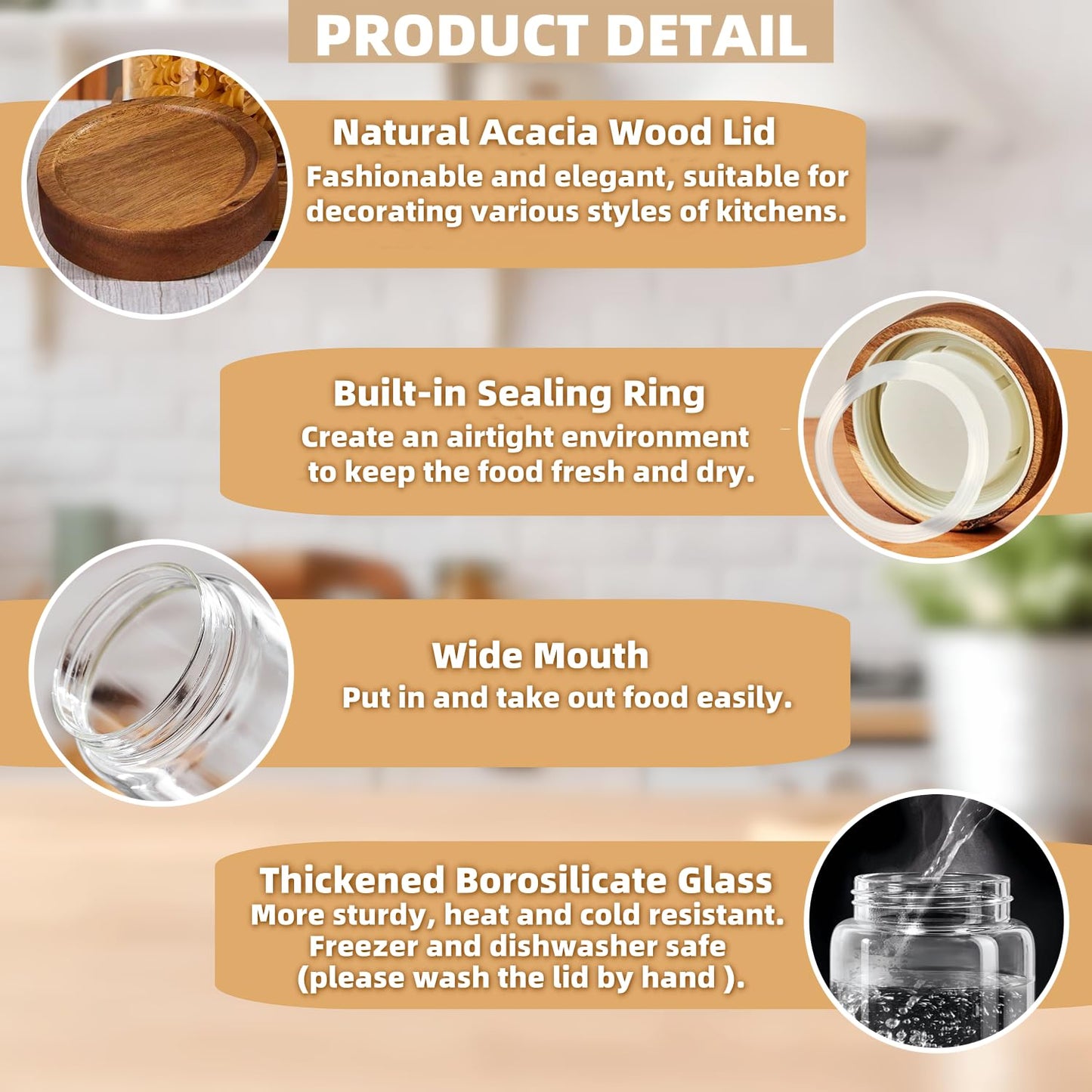 Brighomrom Set of 2 Glass Food Storage Jars, Premium Clear Glass Container Jar with Airtight Wooden Screw-on Lid, Kitchen Canisters for Coffee,Tea,Pasta,Cookies, Nuts,Spice,Candy,Overnight Oatmeal