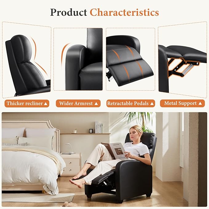 Sweetcrispy Recliner Chair PU Leather Recliner Sofa No Massage, Home Theater Seating with Lumbar Support, Adjustable Push Back Overstuffed High-Density Sponge Reclining for Living Room, Black