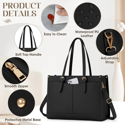 RAINSMORE Lunch Tote Bag for Women 15.6 Inch Laptop Bags with Insulated Lunch Compartment Large Leather Quilted Computer Tote for Teacher Nurse Work Collage Casual Black
