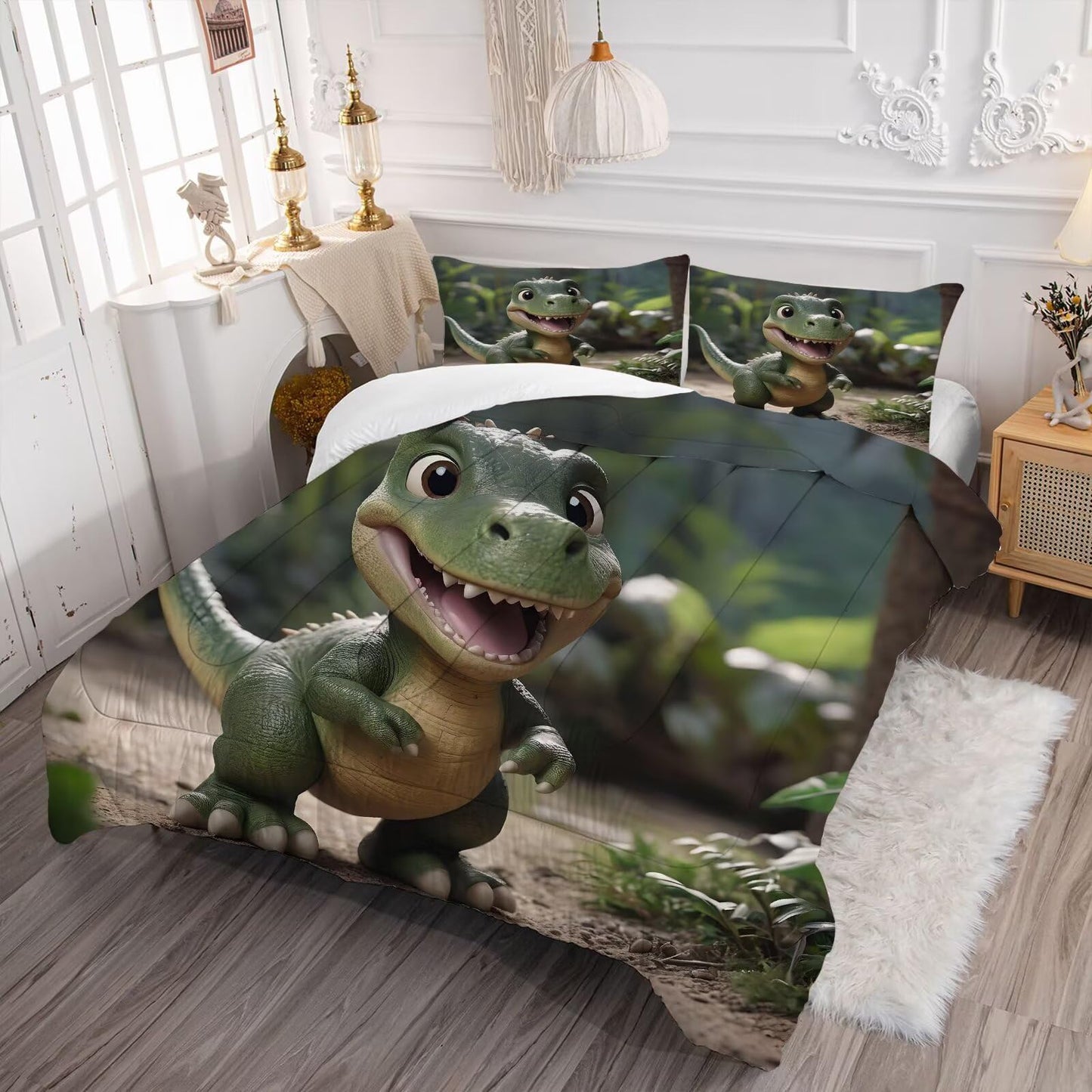 VTKON 3D Dinosaur Bedding Set Queen Size for Boys, Cute Kids Dinosaur Comforter Set, Dino Bedding Toddler Bed Set with 1 Comforter and 2 Pillowcases, Green