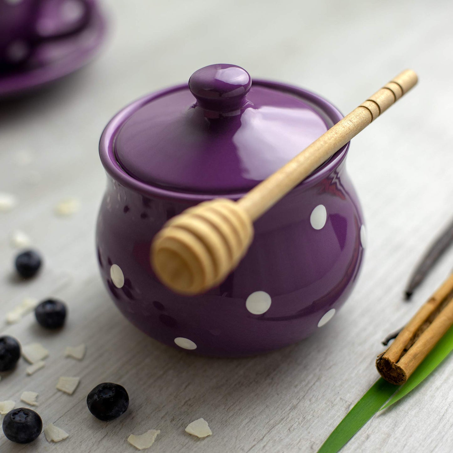 City to Cottage Ceramic Sugar Bowl with Lid, 10oz Sugar Contanier for Coffee Bar, Sugar Dispenser Bowl, Salt - Condiment Pot for Kitchen Counter, Handcrafted Purple Polka Dot Sugar Jar